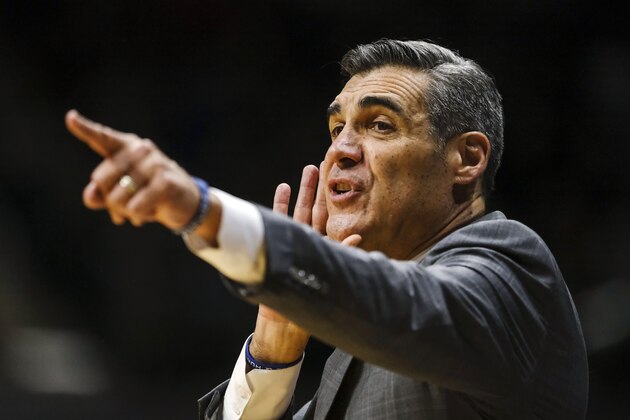 Villanova coach Jay Wright calls to his players during the first half of the team's NCAA college basketball game against Butler in Indianapolis, Ind., Wednesday, Feb. 5, 2020. Butler won 79-76. (AP Photo/AJ Mast)