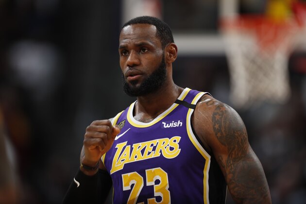 Los Angeles Lakers forward LeBron James (23) in the first half of an NBA basketball game Wednesday, Feb. 12, 2020, in Denver. (AP Photo/David Zalubowski)