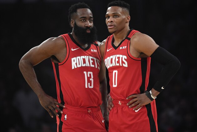 LOS ANGELES, CA - FEBRUARY 06: James Harden #13 and Russell Westbrook #0 of the Houston Rockets talk during the first half against Los Angeles Lakers at Staples Center on February 6, 2020 in Los Angeles, California. NOTE TO USER: User expressly acknowledges and agrees that, by downloading and/or using this Photograph, user is consenting to the terms and conditions of the Getty Images License Agreement. (Photo by Kevork Djansezian/Getty Images)