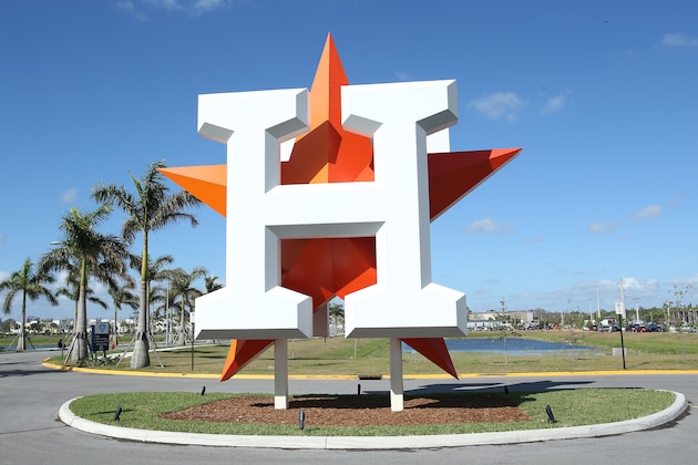 WEST PALM BEACH, FL - FEBRUARY 24: The Houston Astros logo is displayed outside The Ballpark of the Palm Beaches prior to the spring training game against the Atlanta Braves on February 24, 2018 in West Palm Beach, Florida. (Photo by Joel Auerbach/Getty Images)