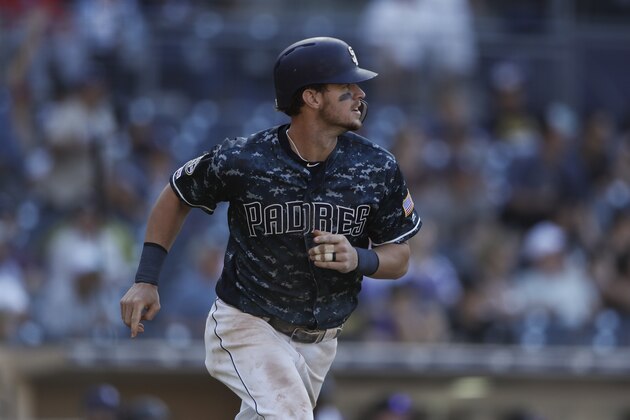 San Diego Padres' Wil Myers watches his walkoff RBI-single during the tenth inning of a baseball game against the Colorado Rockies Sunday, Sept. 8, 2019, in San Diego. (AP Photo/Gregory Bull)