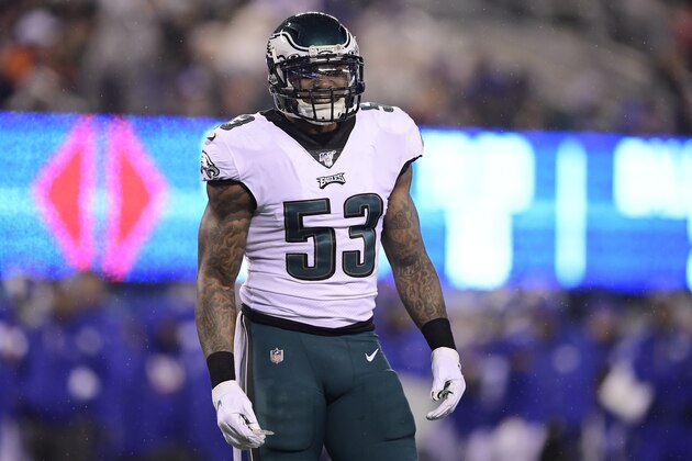 EAST RUTHERFORD, NEW JERSEY - DECEMBER 29:  Nigel Bradham #53 of the Philadelphia Eagles looks on against the New York Giants at MetLife Stadium on December 29, 2019 in East Rutherford, New Jersey. (Photo by Steven Ryan/Getty Images)