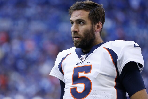 INDIANAPOLIS, INDIANA - OCTOBER 27: Joe Flacco #5 of the Denver Broncos on the sidelines in the game against the Indianapolis Colts at Lucas Oil Stadium on October 27, 2019 in Indianapolis, Indiana. (Photo by Justin Casterline/Getty Images)