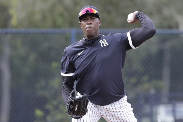 New York Yankees' Aroldis Chapman during a spring training baseball workout Thursday, Feb. 13, 2020, in Tampa, Fla. (AP Photo/Frank Franklin II)