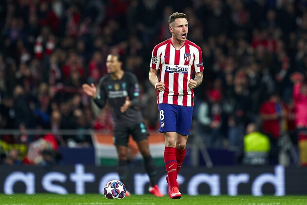 MADRID, SPAIN - FEBRUARY 18: Saul Niguez of Atletico de Madrid celebrates his team's first goal during the UEFA Champions League round of 16 first leg match between Atletico Madrid and Liverpool FC at Wanda Metropolitano on February 18, 2020 in Madrid, Spain. (Photo by Mateo Villalba/Quality Sport Images/Getty Images)