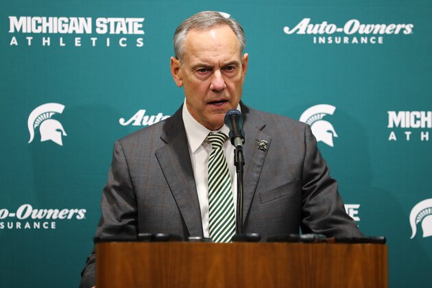 EAST LANSING, MI - FEBRUARY 04: Head coach Mark Dantonio of the Michigan State Spartans addresses the media after announcing his retirement before the game between the Michigan State Spartans and Penn State Nittany Lions at the Breslin Center on February 4, 2020 in East Lansing, Michigan. (Photo by Rey Del Rio/Getty Images)