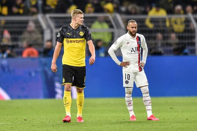 DORTMUND, GERMANY - FEBRUARY 18: Erling Braut Haaland of Borussia Dortmund looks on during the UEFA Champions League round of 16 first leg match between Borussia Dortmund and Paris Saint-Germain at Signal Iduna Park on February 18, 2020 in Dortmund, Germany. (Photo by PressFocus/MB Media/Getty Images)
