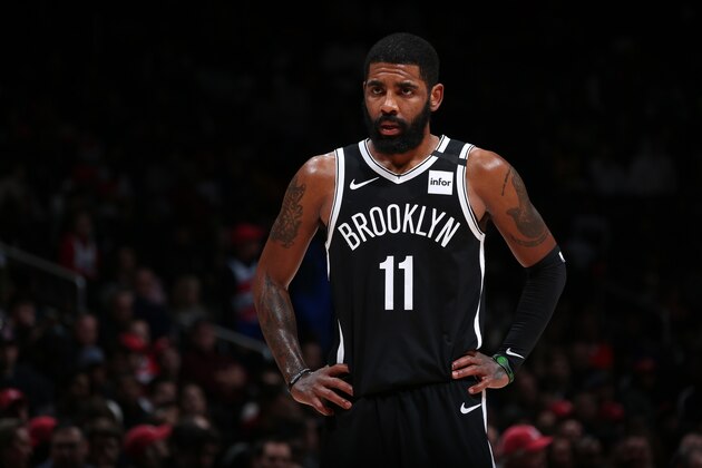 WASHINGTON, DC - FEBRUARY 1: Kyrie Irving #11 of the Brooklyn Nets looks on during the game against the Washington Wizards on February 1, 2020 at Capital One Arena in Washington, DC. NOTE TO USER: User expressly acknowledges and agrees that, by downloading and or using this Photograph, user is consenting to the terms and conditions of the Getty Images License Agreement. Mandatory Copyright Notice: Copyright 2020 NBAE (Photo by Ned Dishman/NBAE via Getty Images)