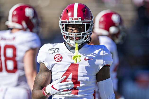 FAYETTEVILLE, AR - NOVEMBER 9:   Jerry Jeudy #4 of the Alabama Crimson Tide warms up before a game against the Mississippi State Bulldogs at Davis Wade Stadium on November 16, 2019 in Starkville, Mississippi.  The Crimson Tide defeated the Bulldogs 38-7.  (Photo by Wesley Hitt/Getty Images)