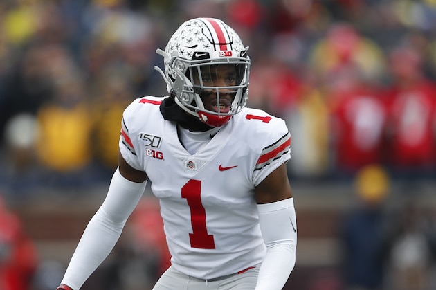 Ohio State cornerback Jeff Okudah plays against Michigan in the first half of an NCAA college football game in Ann Arbor, Mich., Saturday, Nov. 30, 2019. (AP Photo/Paul Sancya)