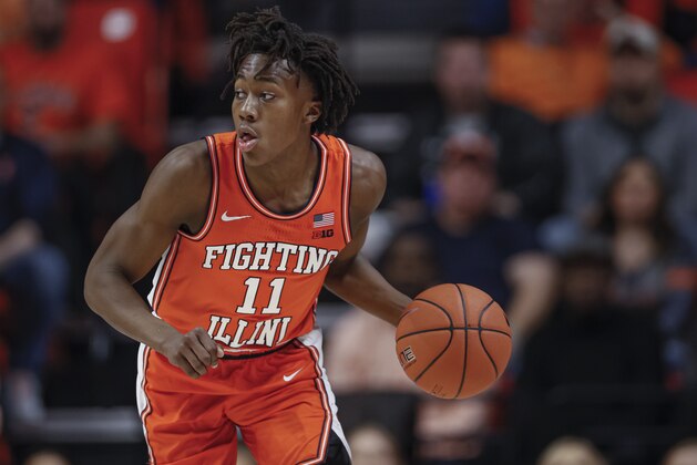 CHAMPAIGN, IL - FEBRUARY 11: Ayo Dosunmu #11 of the Illinois Fighting Illini brings the ball up court during the game against the Michigan State Spartans at State Farm Center on February 11, 2020 in Champaign, Illinois. (Photo by Michael Hickey/Getty Images)