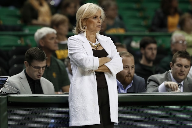 Baylor head coach Kim Mulkey watches play against Houston Baptist during an NCAA college basketball game in Waco, Texas, Thursday, Nov. 14, 2019. (AP Photo/Tony Gutierrez)