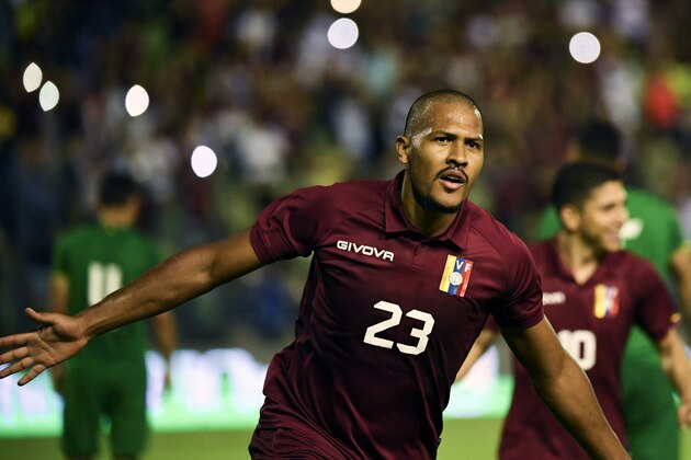 Salomon Rondon of Venezuela celebrates after scoring against Bolivia during an international friendly football match at the Olimpico stadium, in Caracas, on October 10, 2019. (Photo by YURI CORTEZ / AFP) (Photo by YURI CORTEZ/AFP via Getty Images)