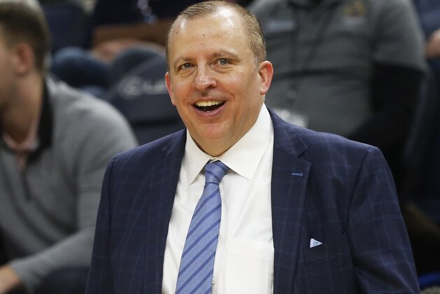Minnesota Timberwolves head coach Tom Thibodeau smiles in the waning moments as his team defeats the Orlando Magic in an NBA basketball game Friday, Jan. 4, 2019, in Minneapolis. (AP Photo/Jim Mone) Minnesota Timberwolves head coach Tom Thibodeau smiles in the waning moments as his team defeats the Orlando Magic in an NBA basketball game Friday, Jan. 4, 2019, in Minneapolis. (AP Photo/Jim Mone)
