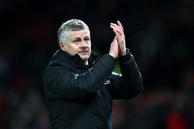 MANCHESTER, ENGLAND - FEBRUARY 01: Ole Gunnar Solskjaer, Manager of Manchester United acknowledges the fans after the Premier League match between Manchester United and Wolverhampton Wanderers at Old Trafford on February 01, 2020 in Manchester, United Kingdom. (Photo by Alex Livesey/Getty Images)