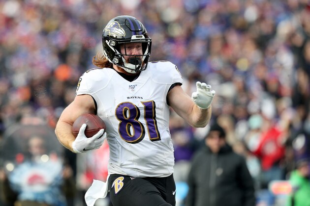 ORCHARD PARK, NEW YORK - DECEMBER 08: Hayden Hurst #81 of the Baltimore Ravens scores a touchdown during the third quarter of an NFL game against the Buffalo Bills at New Era Field on December 08, 2019 in Orchard Park, New York. (Photo by Bryan M. Bennett/Getty Images)