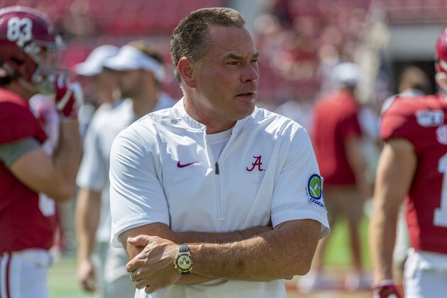 Alabama analyst Butch Jones (previously a head coach at Tennessee) before an NCAA college football game against Mississippi, Saturday, Sept. 28, 2019, in Tuscaloosa, Ala. (AP Photo/Vasha Hunt)