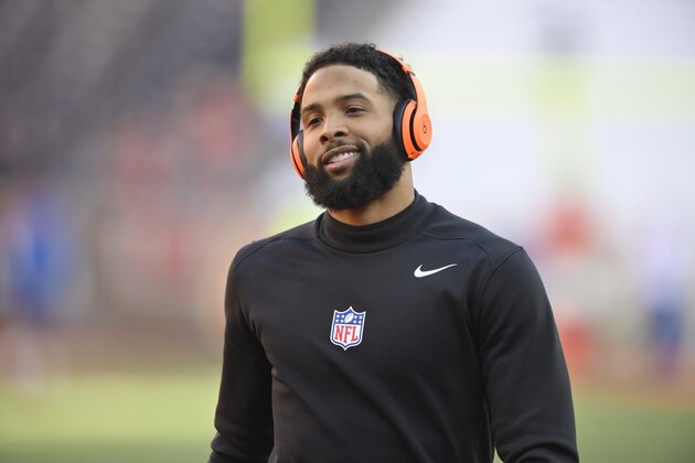 Cleveland Browns wide receiver Odell Beckham Jr. reacts before an NFL football game against the Baltimore Ravens, Sunday, Dec. 22, 2019, in Cleveland. The Ravens won 31-15. (AP Photo/David Richard)