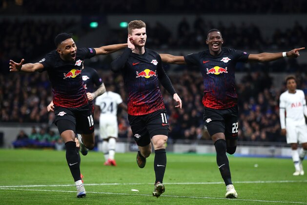 LONDON, ENGLAND - FEBRUARY 19:  Timo Werner of RB Leipzig celebrates after scoring his team's first goal during the UEFA Champions League round of 16 first leg match between Tottenham Hotspur and RB Leipzig at Tottenham Hotspur Stadium on February 19, 2020 in London, United Kingdom. (Photo by Julian Finney/Getty Images)