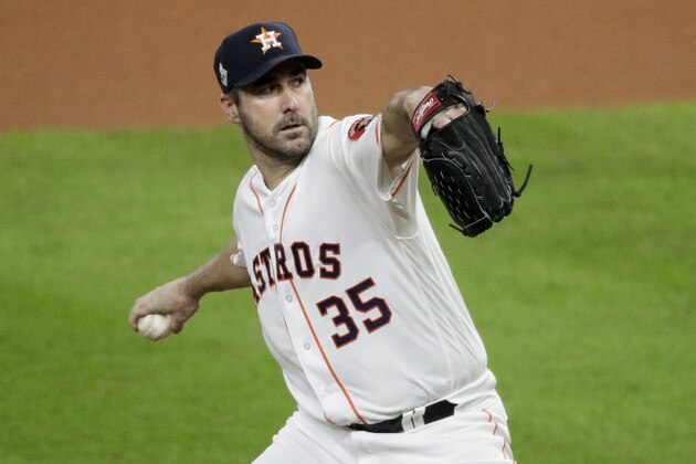 Houston Astros starting pitcher Justin Verlander throws against the Washington Nationals during the first inning of Game 6 of the baseball World Series Tuesday, Oct. 29, 2019, in Houston. (AP Photo/Sue Ogrocki)