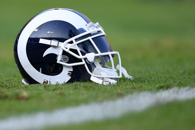 OAKLAND, CA - AUGUST 19:  A detailed view of a Los Angeles Rams players helmet sitting on the field during pregame warm ups prior to playing the Oakland Raiders in an NFL preseason football game at Oakland-Alameda County Coliseum on August 19, 2017 in Oakland, California.  (Photo by Thearon W. Henderson/Getty Images)