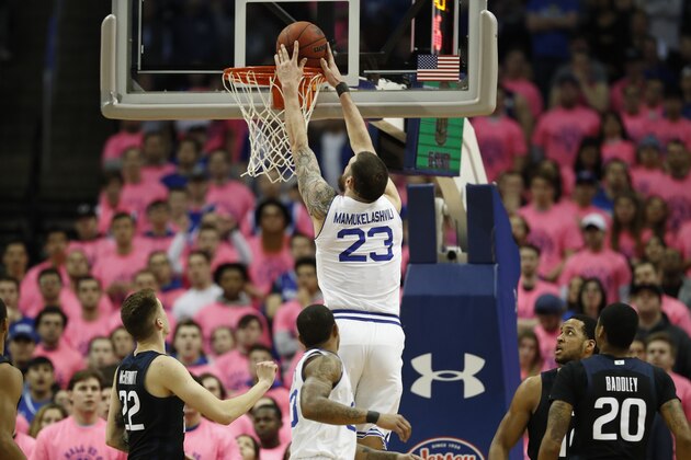 Seton Hall forward Sandro Mamukelashvili (23) dunks with Butler forward Sean McDermott (22) and other defenders watching during the first half of an NCAA college basketball game Wednesday, Feb. 19, 2020, in Newark, N.J. (AP Photo/Kathy Willens) Seton Hall forward Sandro Mamukelashvili (23) dunks with Butler forward Sean McDermott (22) and other defenders watching during the first half of an NCAA college basketball game Wednesday, Feb. 19, 2020, in Newark, N.J. (AP Photo/Kathy Willens)