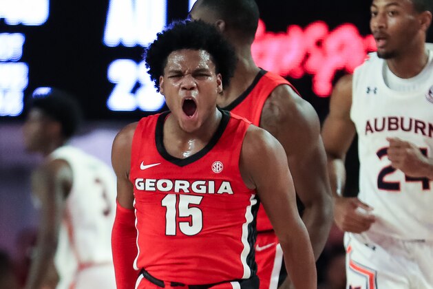 ATHENS, GA - FEBRUARY 19: Sahvir Wheeler #15 of the Georgia Bulldogs reacts following a basket during the first half of a game against the Auburn Tigers at Stegeman Coliseum on February 19, 2020 in Athens, Georgia. (Photo by Carmen Mandato/Getty Images)