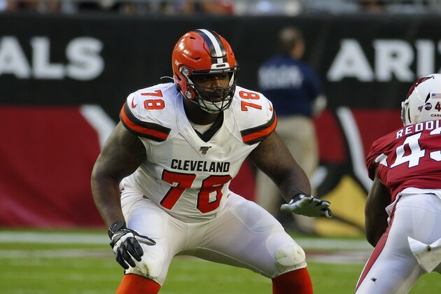 Cleveland Browns offensive tackle Greg Robinson (78) during an NFL football game against the Arizona Cardinals, Sunday, Dec. 15, 2019, in Glendale, Ariz. (AP Photo/Rick Scuteri)