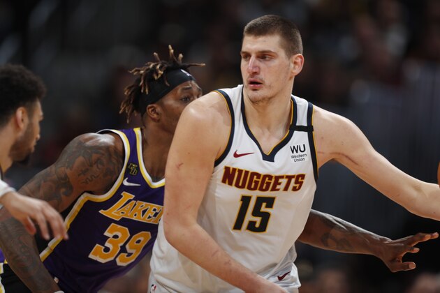 Denver Nuggets center Nikola Jokic (15) in the second half overtime of an NBA basketball game Wednesday, Feb. 12, 2020, in Denver. The Lakers won 120-116 in overtime. (AP Photo/David Zalubowski)