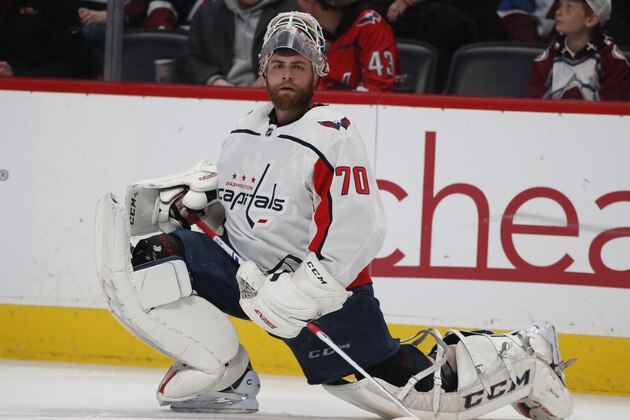 Washington Capitals goaltender Braden Holtby (70) in the first period of an NHL hockey game Thursday, Feb. 13, 2020, in Denver. (AP Photo/David Zalubowski)
