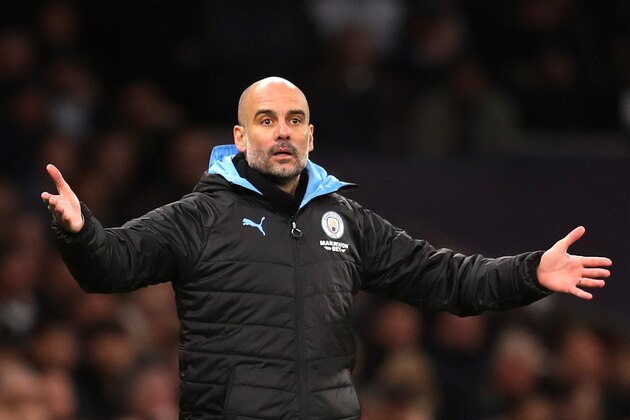 LONDON, ENGLAND - FEBRUARY 02: Pep Guardiola, Manager of Manchester City reatcs during the Premier League match between Tottenham Hotspur and Manchester City at Tottenham Hotspur Stadium on February 02, 2020 in London, United Kingdom. (Photo by Catherine Ivill/Getty Images)
