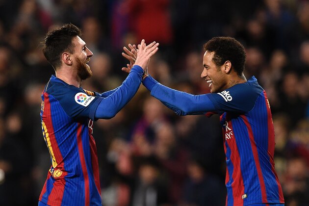 TOPSHOT - Barcelona's Argentinian forward Lionel Messi (L) celebrates with Barcelona's Brazilian forward Neymar (R) after scoring a goal during the Spanish league football match FC Barcelona vs RC Celta de Vigo at the Camp Nou stadium in Barcelona on March 4, 2017. / AFP PHOTO / LLUIS GENE (Photo credit should read LLUIS GENE/AFP via Getty Images) TOPSHOT - Barcelona's Argentinian forward Lionel Messi (L) celebrates with Barcelona's Brazilian forward Neymar (R) after scoring a goal during the Spanish league football match FC Barcelona vs RC Celta de Vigo at the Camp Nou stadium in Barcelona on March 4, 2017. / AFP PHOTO / LLUIS GENE (Photo credit should read LLUIS GENE/AFP via Getty Images)