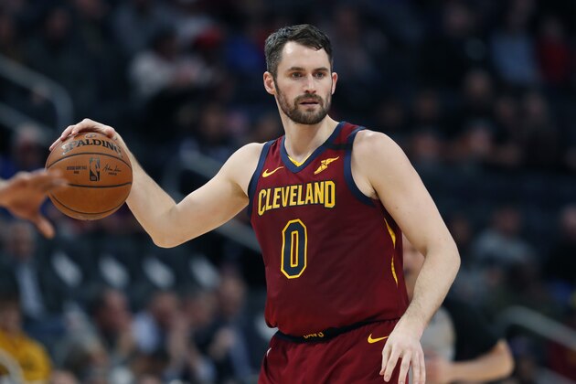 Cleveland Cavaliers forward Kevin Love controls the ball during the first half of an NBA basketball game against the Detroit Pistons, Monday, Jan. 27, 2020, in Detroit. (AP Photo/Carlos Osorio)