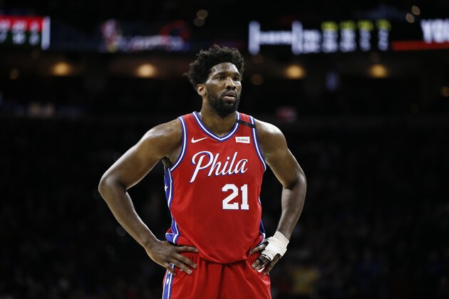 Philadelphia 76ers' Joel Embiid plays during an NBA basketball game against the Los Angeles Clippers, Tuesday, Feb. 11, 2020, in Philadelphia. (AP Photo/Matt Slocum)