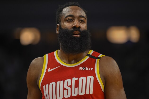 Houston Rockets guard James Harden during a break in action against the Minnesota Timberwolves during the second half of an NBA basketball game Friday, Jan. 24, 2020, in Minneapolis. The Rockets won 131-124.(AP Photo/Craig Lassig)