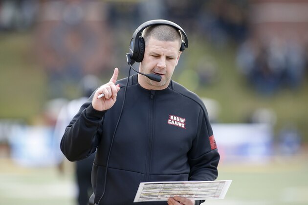 Louisiana-Lafayette head coach Billy Napier walks the sidelines during the first half of an NCAA college football game in the Sun Belt Football Championship against the Appalachian State on Saturday, Dec. 7, 2019, in Boone, N.C. (AP Photo/Brian Blanco)