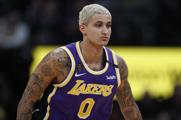 Los Angeles Lakers forward Kyle Kuzma (0) in the second half of an NBA basketball game Wednesday, Feb. 12, 2020, in Denver. The Lakers won 120-116 in overtime. (AP Photo/David Zalubowski)