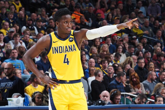INDIANAPOLIS, IN - FEBRUARY 7: Victor Oladipo #4 of the Indiana Pacers looks on against the Toronto Raptors on FEBRUARY 7, 2020 at Bankers Life Fieldhouse in Indianapolis, Indiana. NOTE TO USER: User expressly acknowledges and agrees that, by downloading and or using this Photograph, user is consenting to the terms and conditions of the Getty Images License Agreement. Mandatory Copyright Notice: Copyright 2020 NBAE (Photo by Ron Hoskins/NBAE via Getty Images) INDIANAPOLIS, IN - FEBRUARY 7: Victor Oladipo #4 of the Indiana Pacers looks on against the Toronto Raptors on FEBRUARY 7, 2020 at Bankers Life Fieldhouse in Indianapolis, Indiana. NOTE TO USER: User expressly acknowledges and agrees that, by downloading and or using this Photograph, user is consenting to the terms and conditions of the Getty Images License Agreement. Mandatory Copyright Notice: Copyright 2020 NBAE (Photo by Ron Hoskins/NBAE via Getty Images)