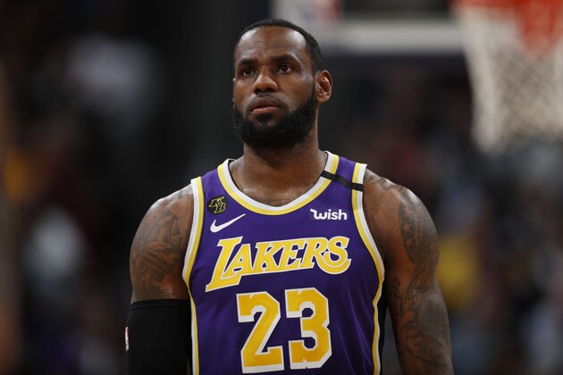 Los Angeles Lakers forward LeBron James (23) in the first half of an NBA basketball game Wednesday, Feb. 12, 2020, in Denver. (AP Photo/David Zalubowski)