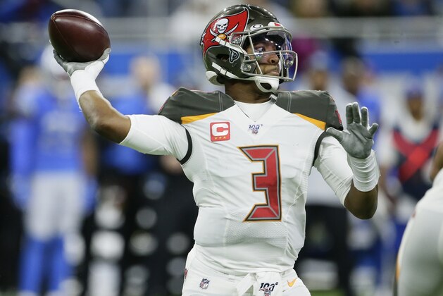 Tampa Bay Buccaneers quarterback Jameis Winston (3) passes the ball against the Detroit Lions during the first half of an NFL football game, Sunday, Dec. 15, 2019, in Detroit. (AP Photo/Duane Burleson)