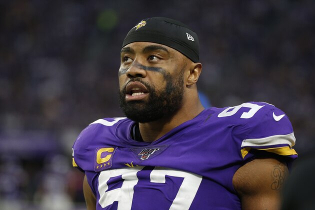 Minnesota Vikings defensive end Everson Griffen stands on the sideline during the second half of an NFL football game against the Detroit Lions, Sunday, Dec. 8, 2019, in Minneapolis. (AP Photo/Bruce Kluckhohn)