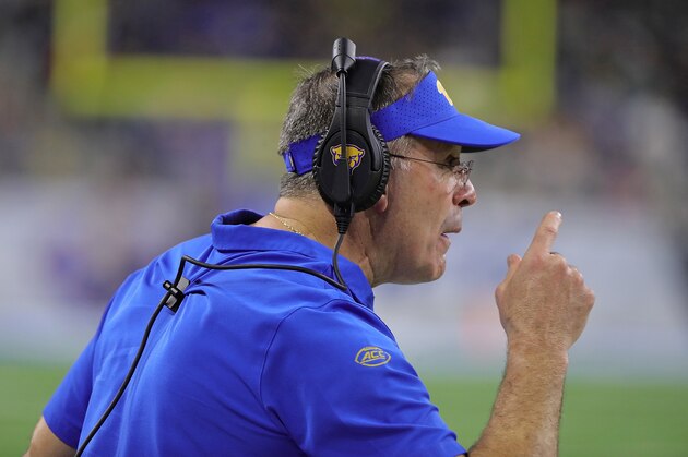 DETROIT, MI - DECEMBER 26: Pittsburgh Panthers Head Football Coach Pat Narduzzi watches the action during the fourth quarter of the game against the Eastern Michigan Eagles at the Quick Lane Bowl at Ford Field on December 26, 2019 in Detroit, Michigan. Pittsburgh defeated Eastern Michigan 34-30. (Photo by Leon Halip/Getty Images)