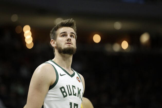 Milwaukee Bucks' Dragan Bender during the first half of a preseason NBA basketball game against the Utah Jazz Wednesday, Oct. 9, 2019, in Milwaukee. (AP Photo/Aaron Gash)