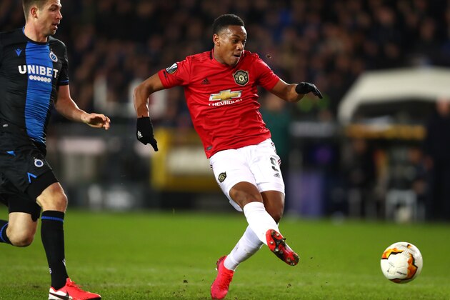 BRUGGE, BELGIUM - FEBRUARY 20: Anthony Martial of Manchester United scores his team's first goal  during the UEFA Europa League round of 32 first leg match between Club Brugge and Manchester United at Jan Breydel Stadium on February 20, 2020 in Brugge, Belgium. (Photo by Dean Mouhtaropoulos/Getty Images)