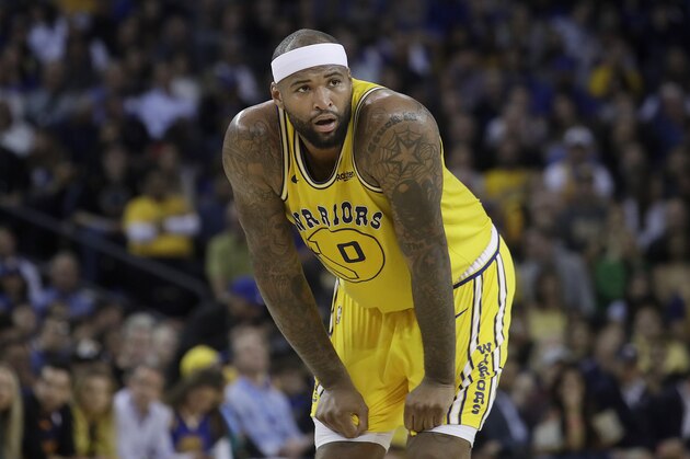 Golden State Warriors center DeMarcus Cousins against the Denver Nuggets during an NBA basketball game in Oakland, Calif., Tuesday, April 2, 2019. (AP Photo/Jeff Chiu)
