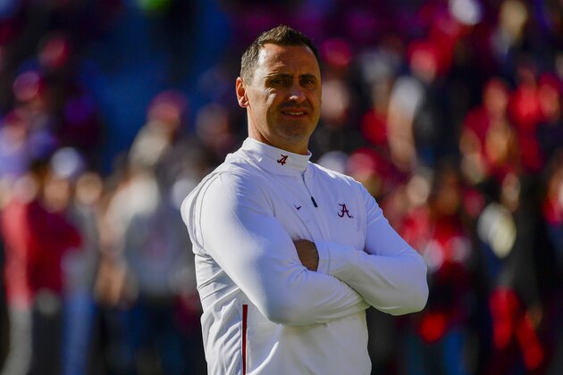 Alabama offensive Coordinator Steve Sarkisian watches warm-ups before an NCAA football game against LSU Saturday, Nov. 9, 2019, in Tuscaloosa, Ala. (AP Photo/Vasha Hunt)