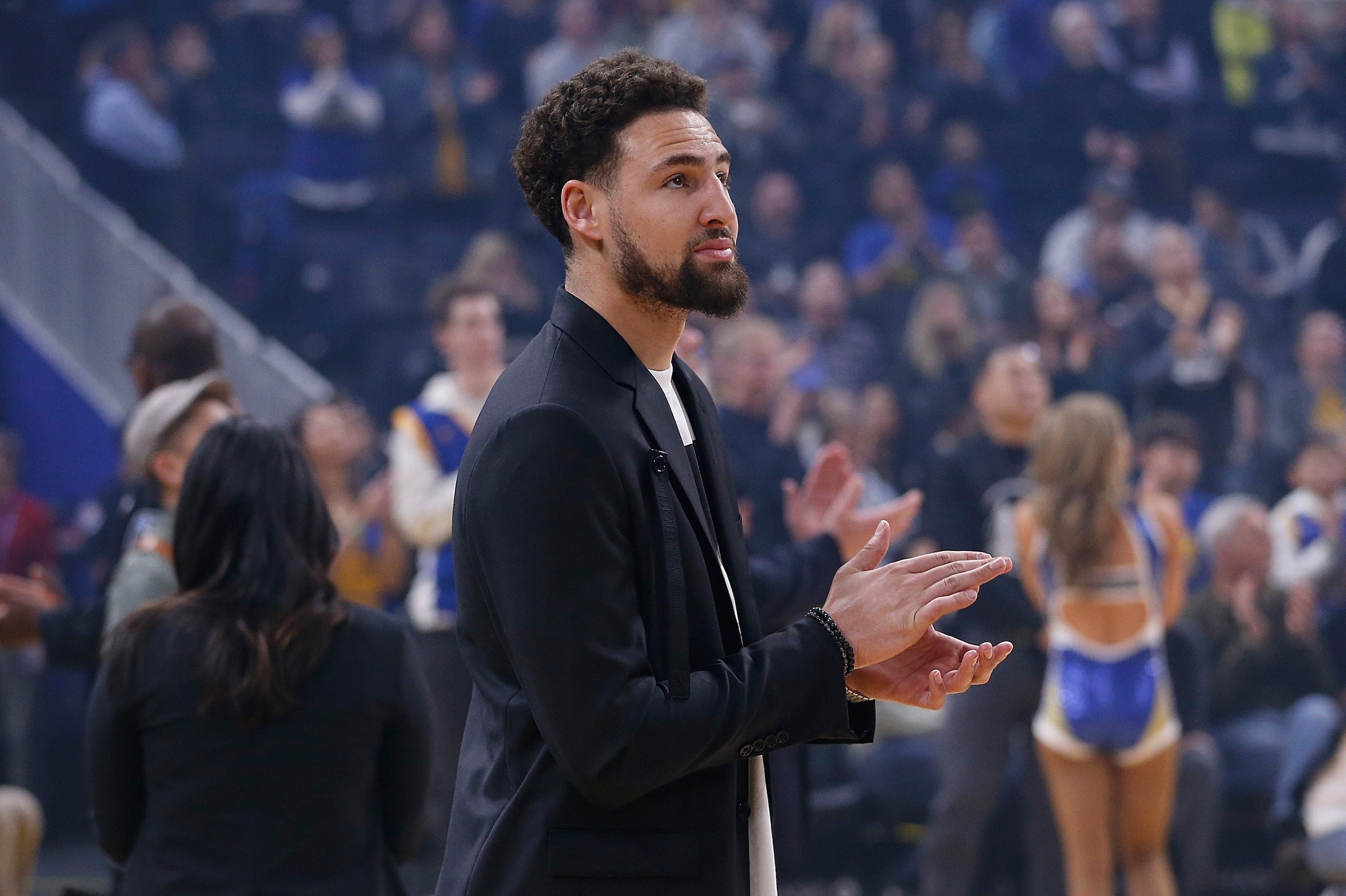 SAN FRANCISCO, CALIFORNIA - JANUARY 04: Klay Thompson #11 of the Golden State Warriors looks on before the game against the Detroit Pistons at Chase Center on January 04, 2020 in San Francisco, California. NOTE TO USER: User expressly acknowledges and agrees that, by downloading and/or using this photograph, user is consenting to the terms and conditions of the Getty Images License Agreement. (Photo by Lachlan Cunningham/Getty Images)