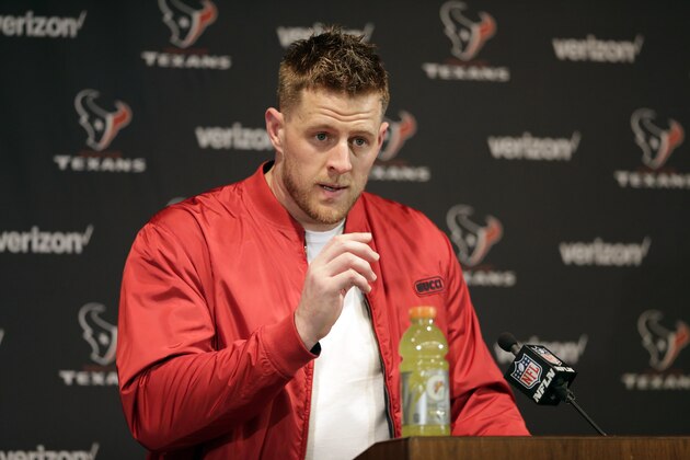 Houston Texans defensive end J.J. Watt answers a question during a news conference after an NFL wild-card playoff football game against the Buffalo Bills Saturday, Jan. 4, 2020, in Houston. The Texans won 22-19 in overtime.(AP Photo/Michael Wyke)