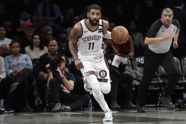Brooklyn Nets' Kyrie Irving (11) during the second half of an NBA basketball game against the Chicago Bulls Friday, Jan. 31, 2020, in New York. The Nets won 133-118. (AP Photo/Frank Franklin II)