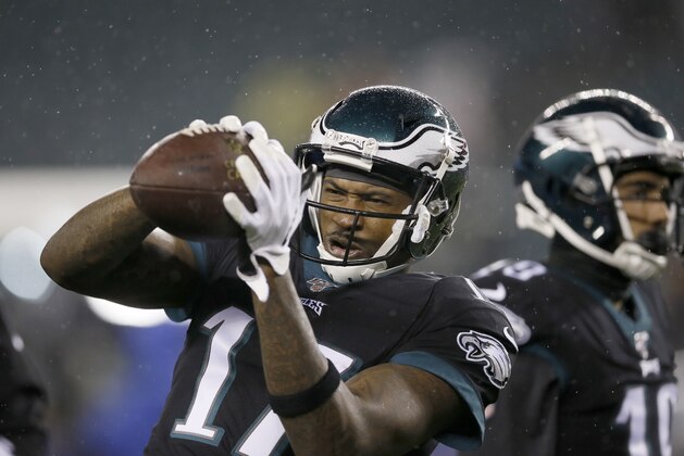 Philadelphia Eagles' Alshon Jeffery is seen before the start of an NFL football game against the New York Giants, Monday, Dec. 9, 2019, in Philadelphia. (AP Photo/Michael Perez)